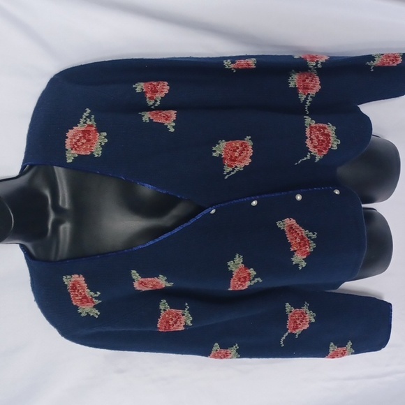 Vintage Tanner Sport Floral wool Cardigan Womens L V Neck Blue pink roses - Picture 1 of 6